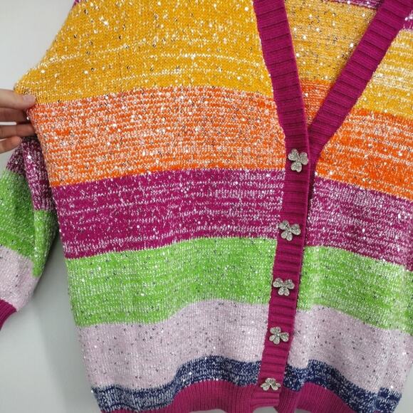 Olivia Rubin Mika Cardigan Sweater in Multicolor Stripe Silver Sequin Size Large - Picture 8 of 14